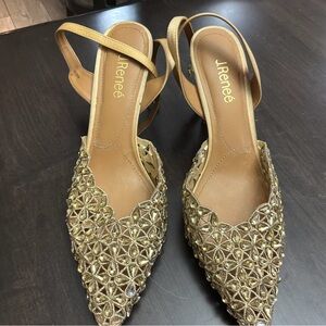 J.Renee Gold Embellished Slingback Heels Size 11W